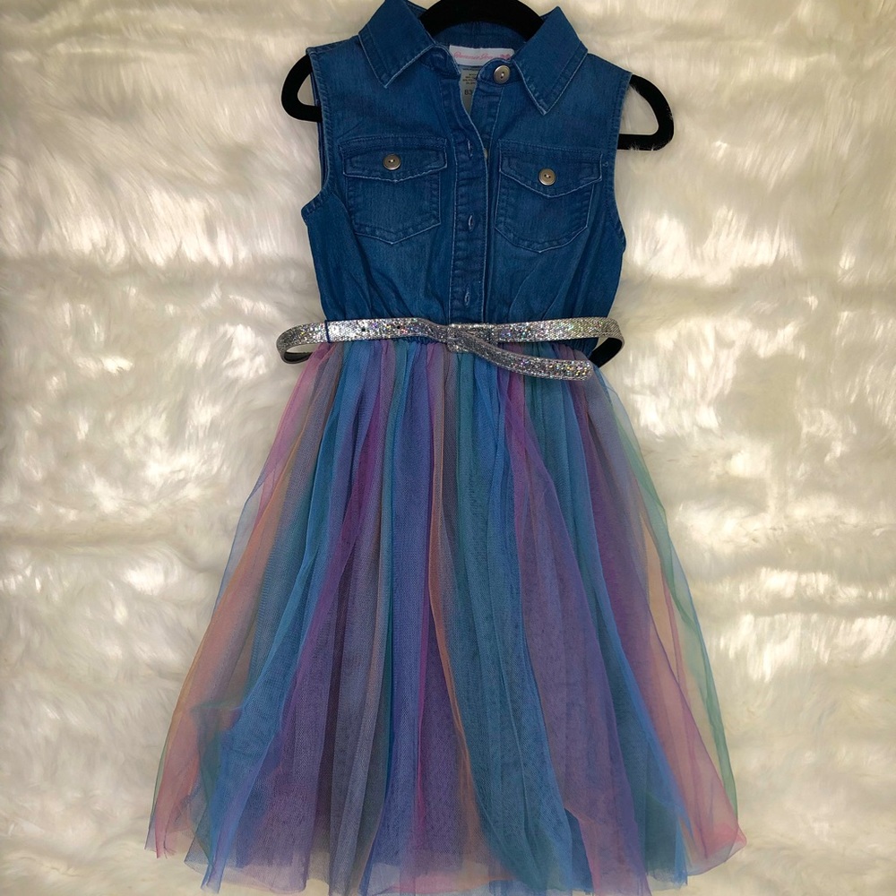 Sleeveless blue Jean, rainbow tulle skirt dress